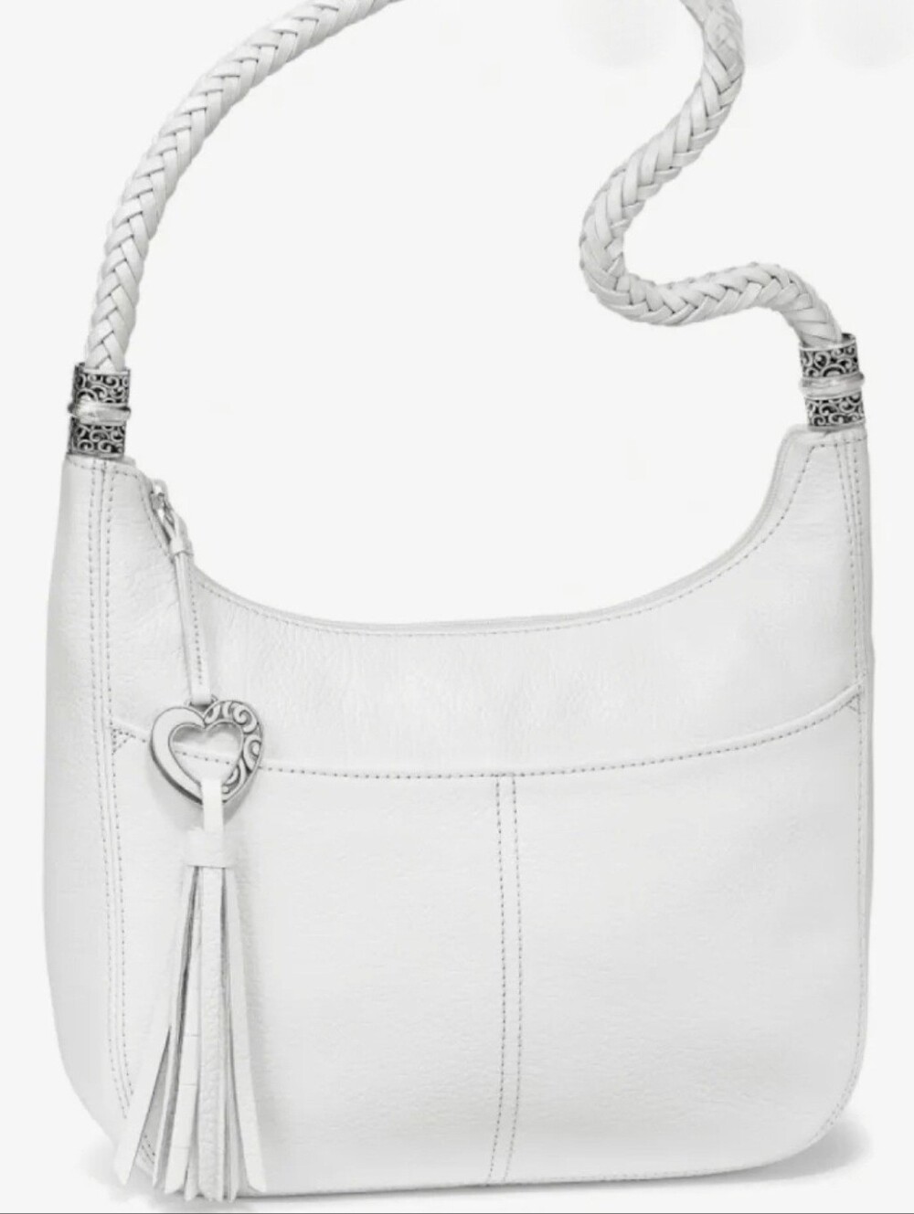 BRIGHTON Cream Pebbled Leather Barbados Zip Top Hobo Bag–With Extra Bling Strap!